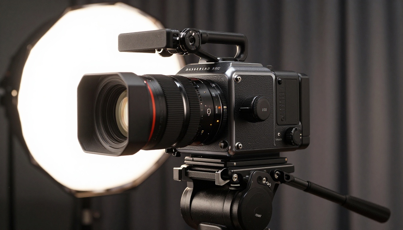 Professional cinema camera on heavy-duty fluid head tripod in documentary studio with octabox lighting