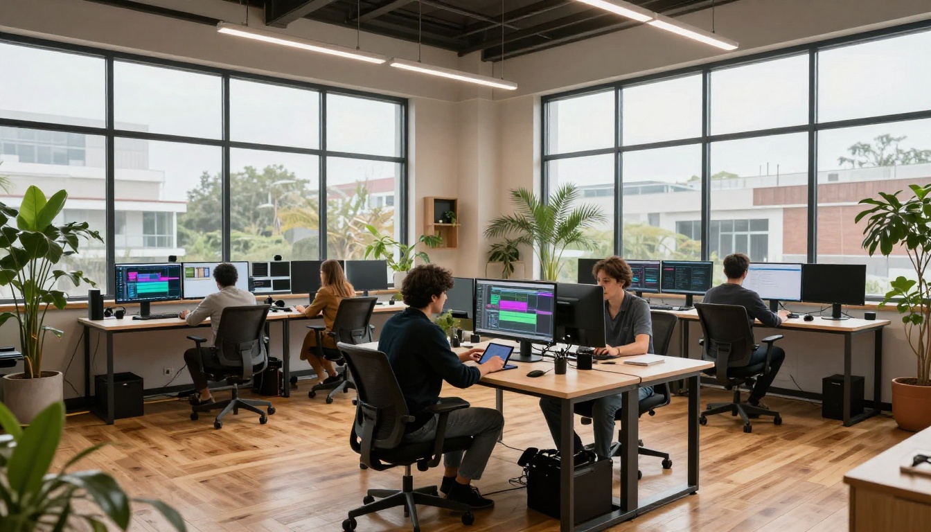 Modern open-plan creative studio with large windows, multiple workstations and team collaborating on video content