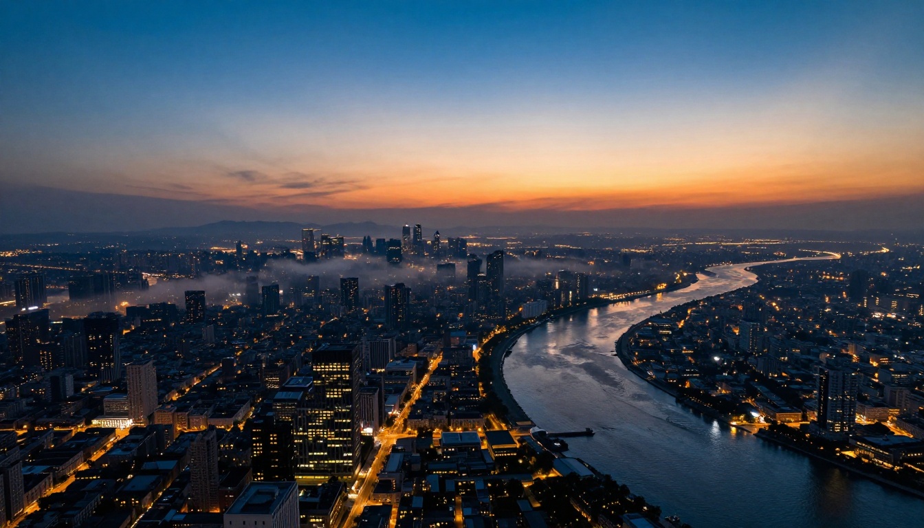 Aerial telephoto cityscape at dusk with thousands of building lights and river reflections