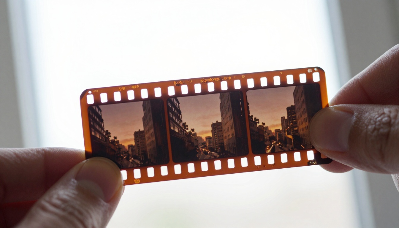 Extreme macro close-up of 35mm film strip held against bright backlight showing cinematic frames and grain texture