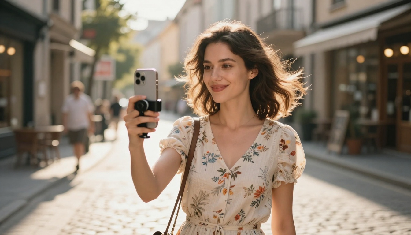 Woman filming vertical content outdoors in urban setting