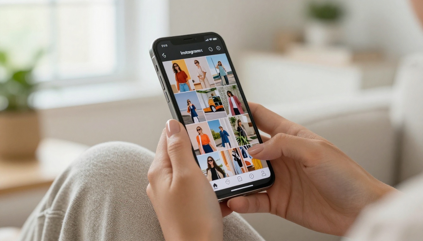 Woman scrolling Instagram Reels on phone on linen couch