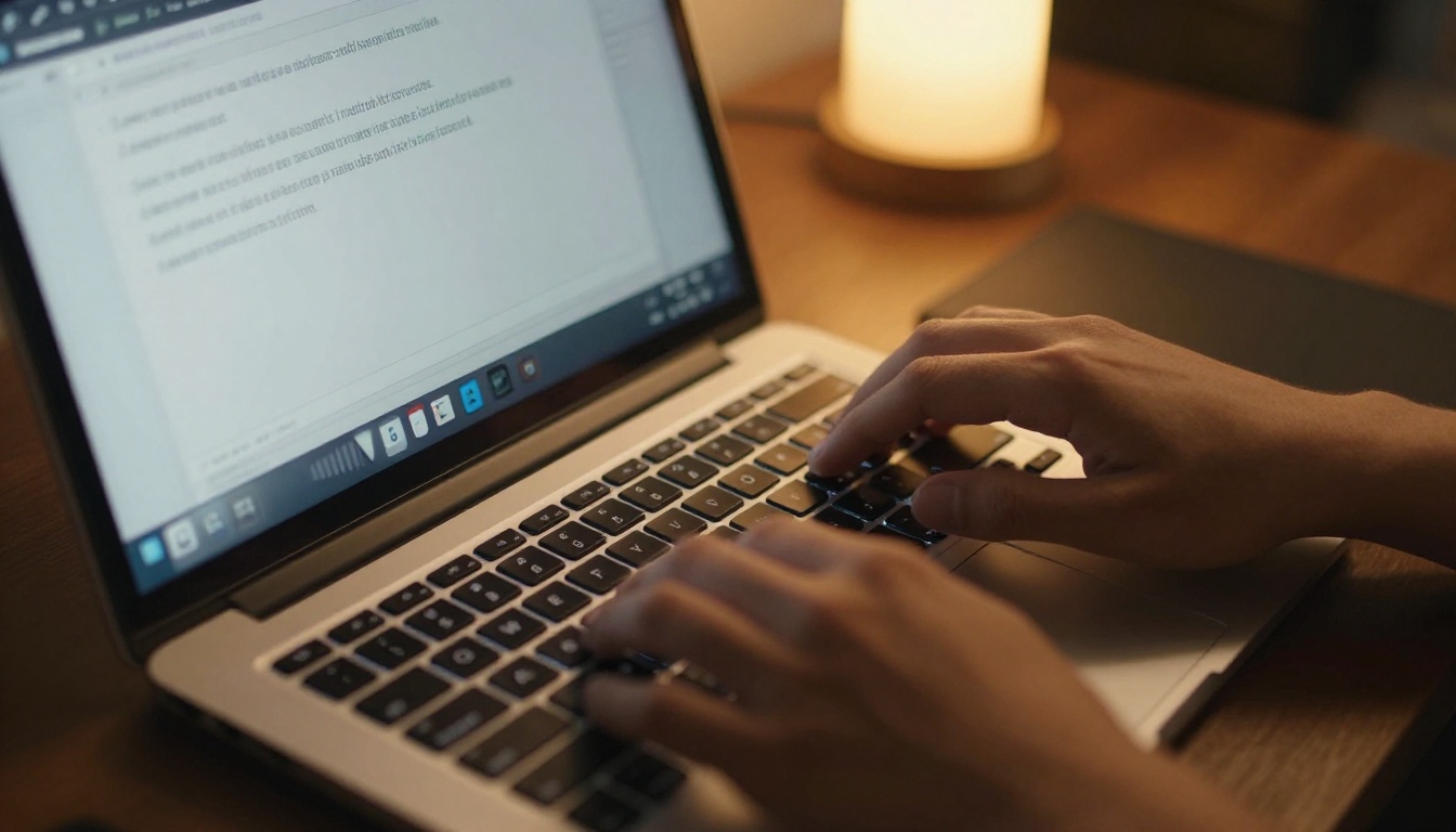 Hands typing AI video prompt on laptop keyboard Hands typing AI video prompt on laptop keyboard