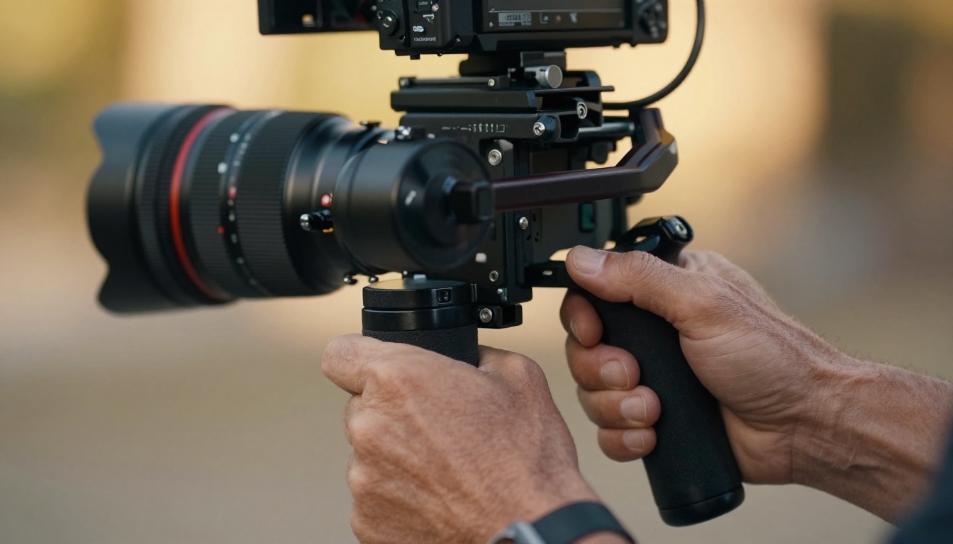Filmmaker hands on gimbal stabilizer