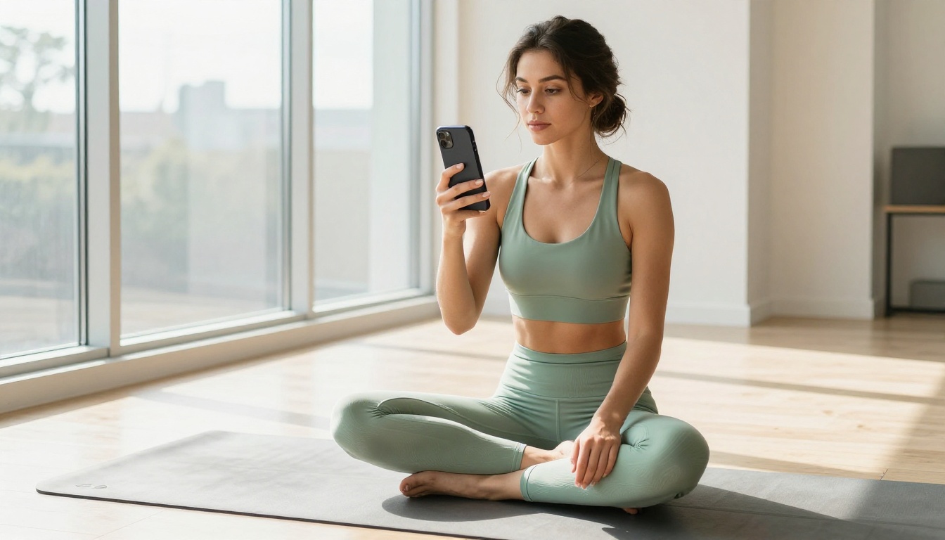 Woman reviewing vertical video playback on phone after yoga Woman reviewing vertical video playback on phone after yoga