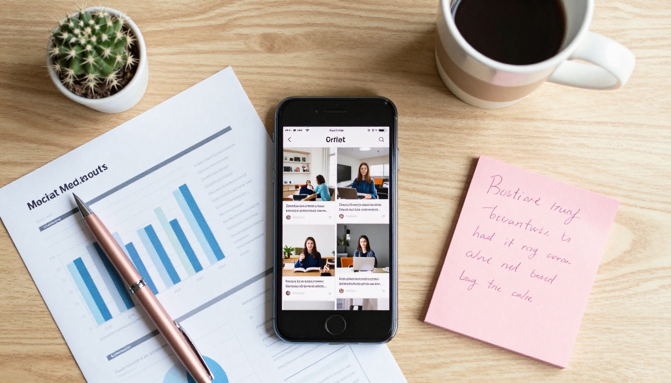 Social media content planning flat lay with phone and notebook Social media content planning flat lay with phone and notebook
