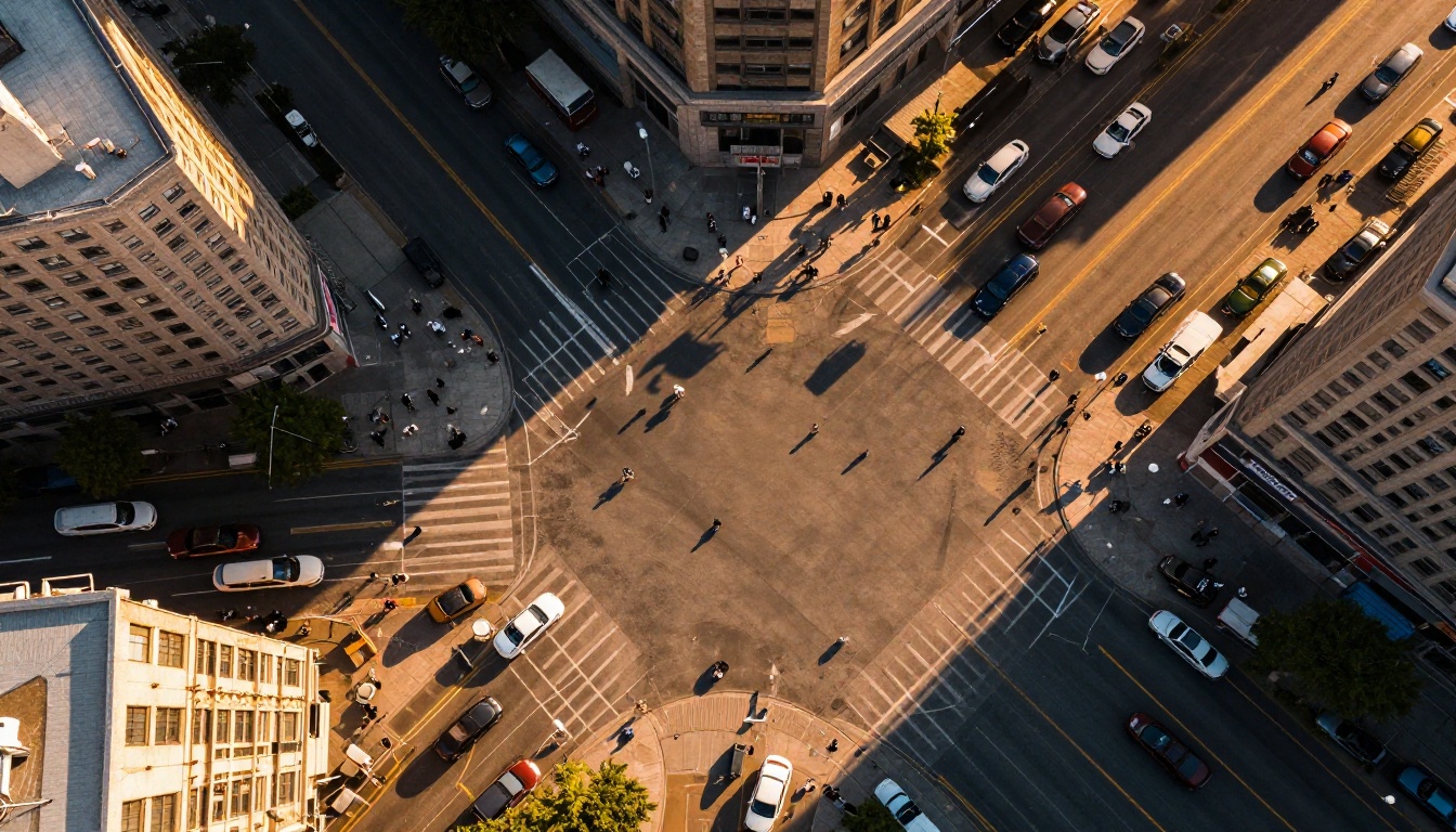 Aerial overhead view of city intersection at golden hour