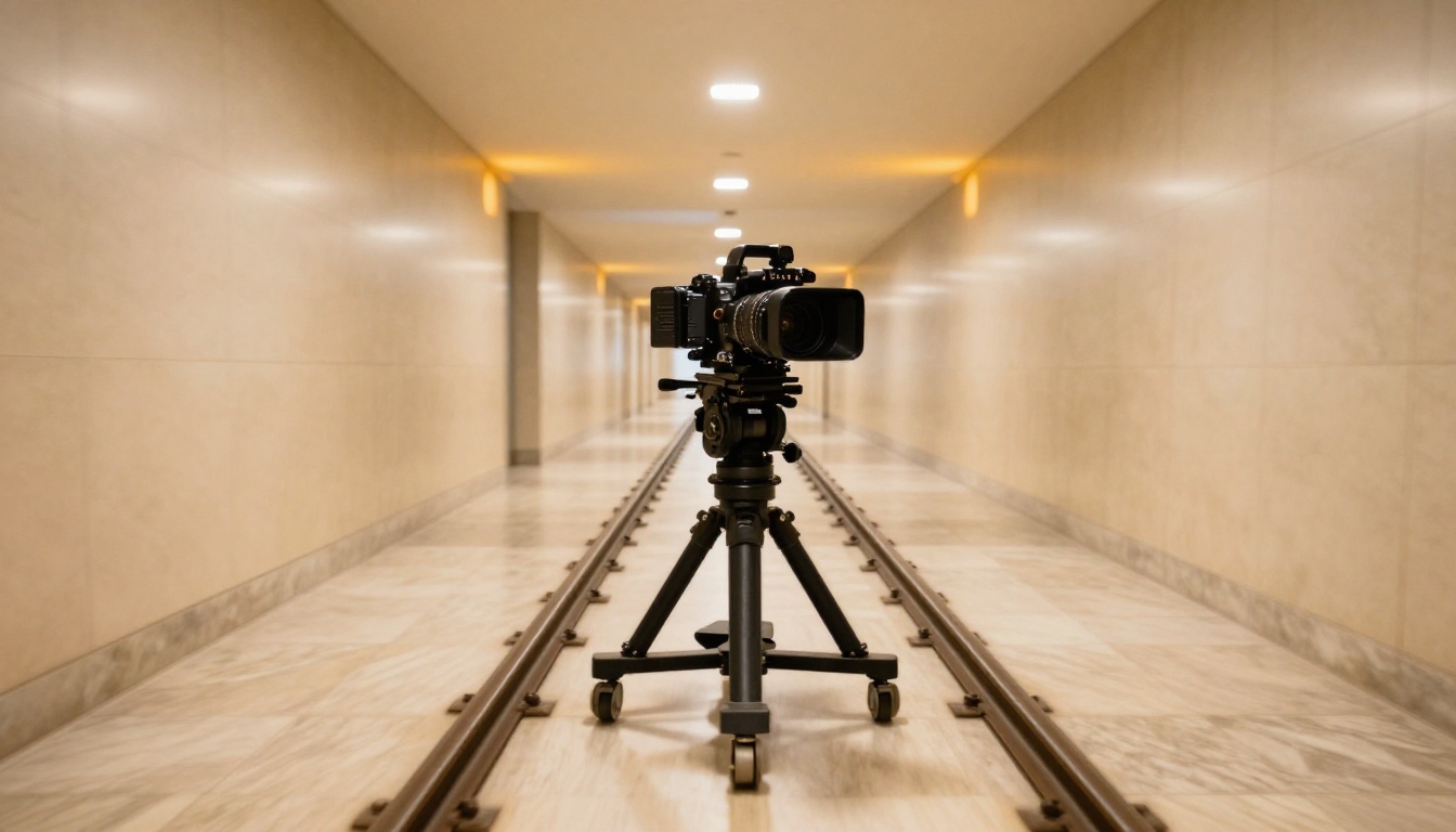Cinema camera on dolly track through corridor