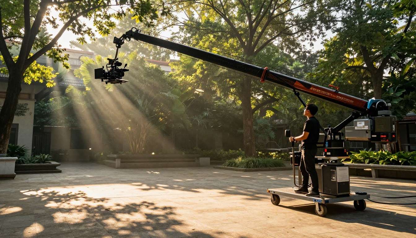 Camera operator with jib crane arm outdoors