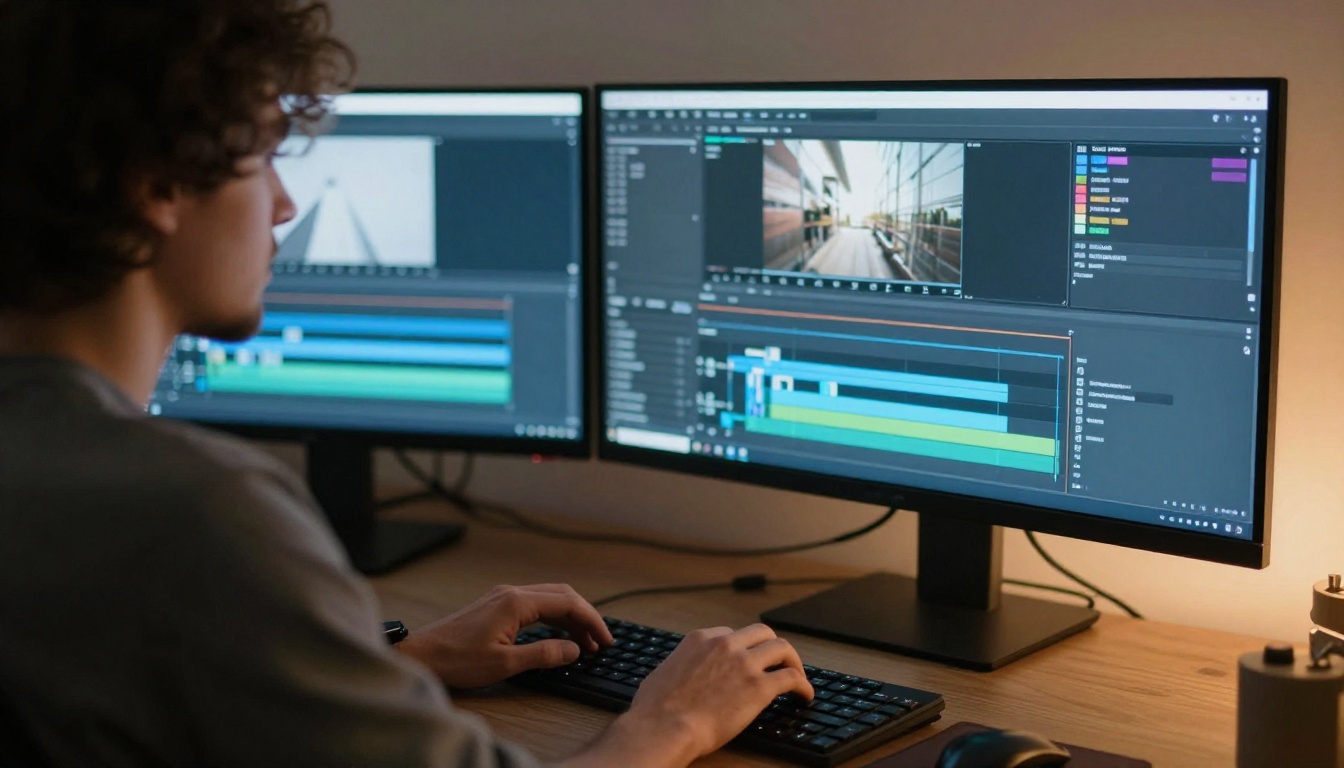 Video editor at multi-monitor workstation Video editor at multi-monitor workstation