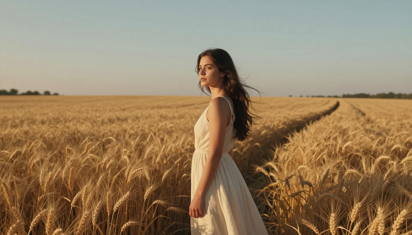 Circular orbit tracking shot woman in wheat field Circular orbit tracking shot woman in wheat field