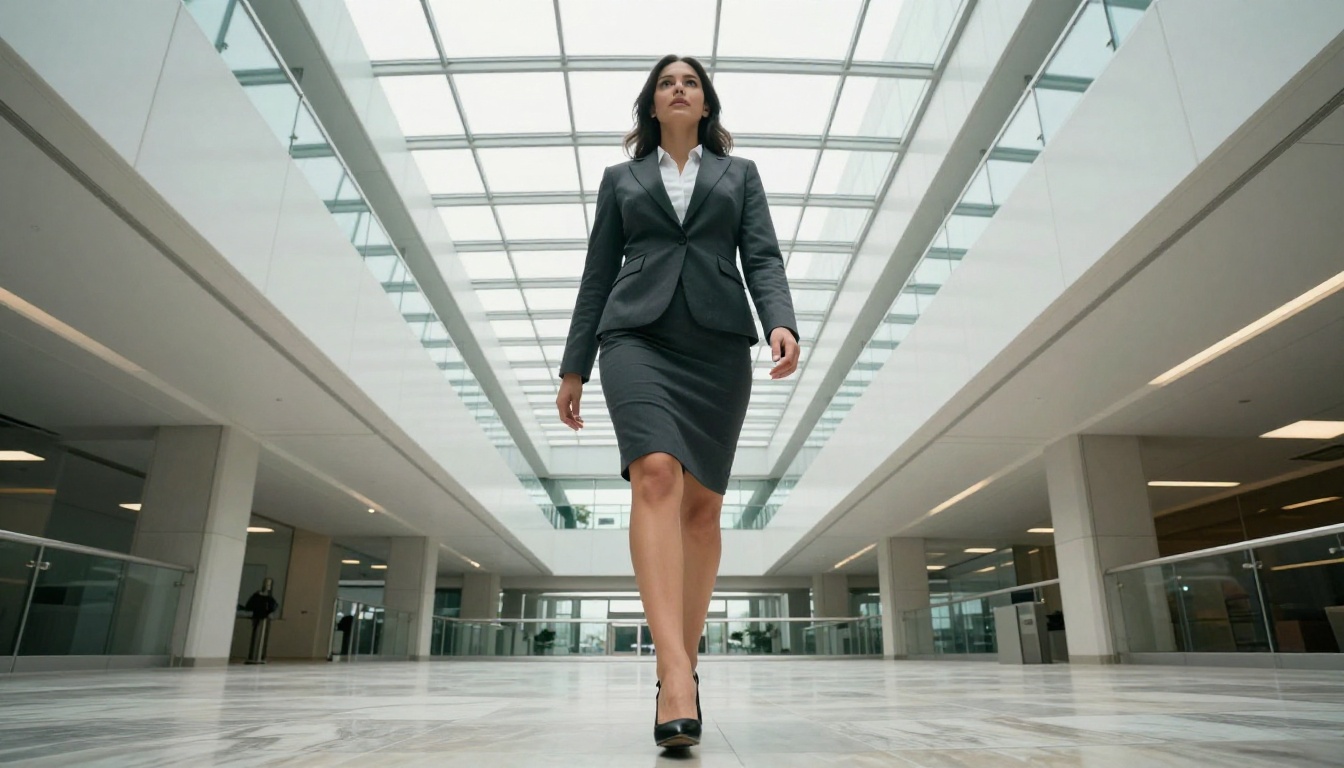 Low angle dramatic shot businesswoman in atrium Low angle dramatic shot businesswoman in atrium