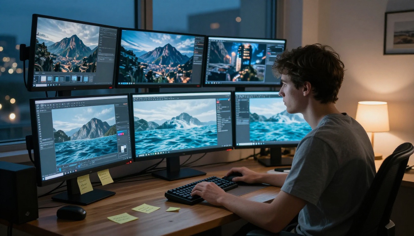 AI content creator working with multiple monitors showing AI-generated video clips in a dark studio AI content creator working with multiple monitors showing AI-generated video clips in a dark studio