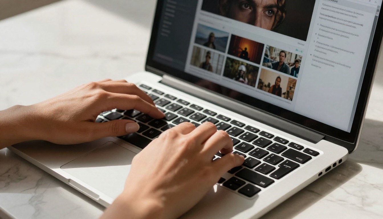 Close-up of female hands typing on a silver laptop keyboard with AI video generation interface visible on screen Close-up of female hands typing on a silver laptop keyboard with AI video generation interface visible on screen