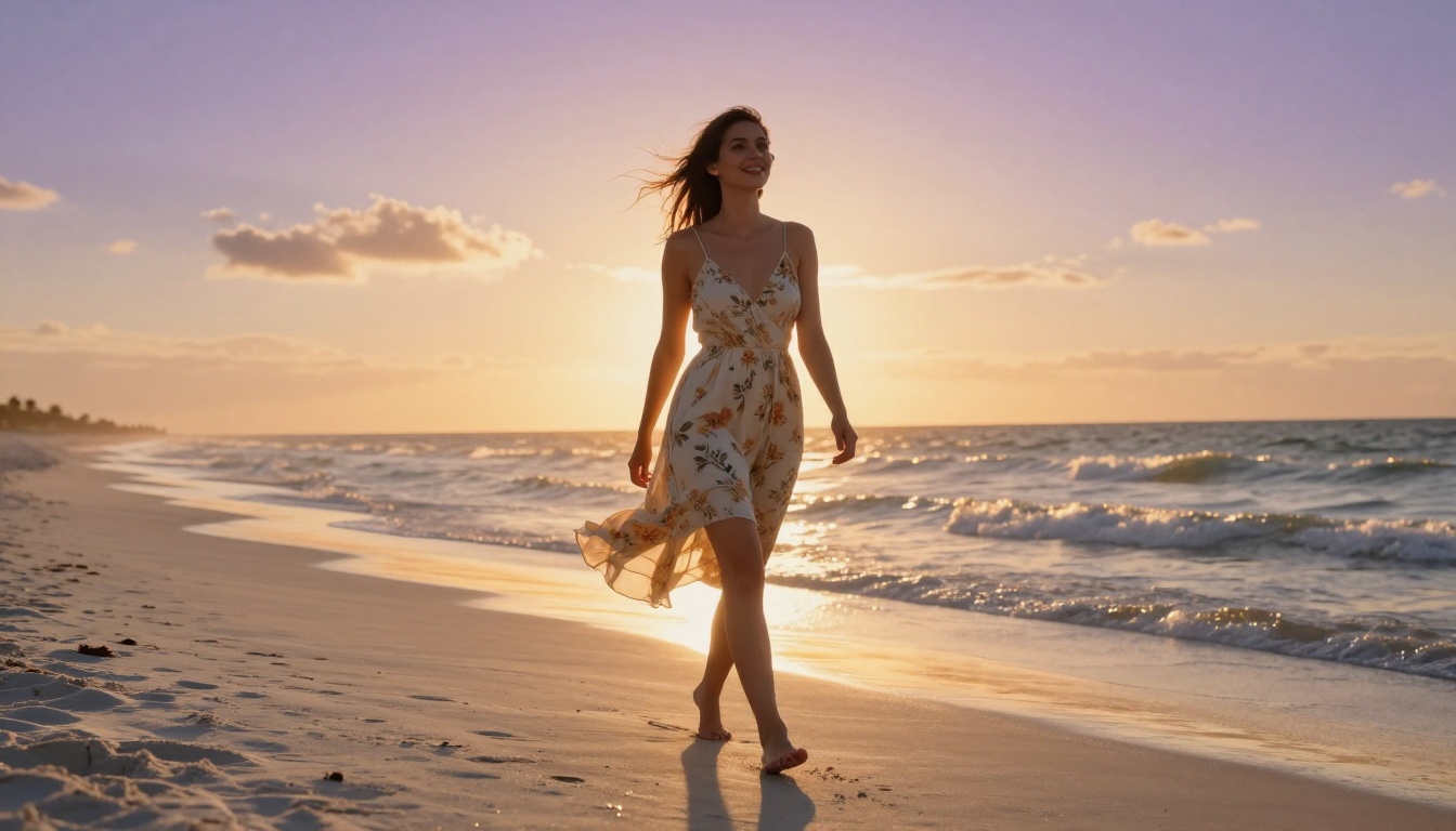 A woman in a floral summer dress walking barefoot on a white sand beach at golden hour, low angle cinematic shot A woman in a floral summer dress walking barefoot on a white sand beach at golden hour, low angle cinematic shot