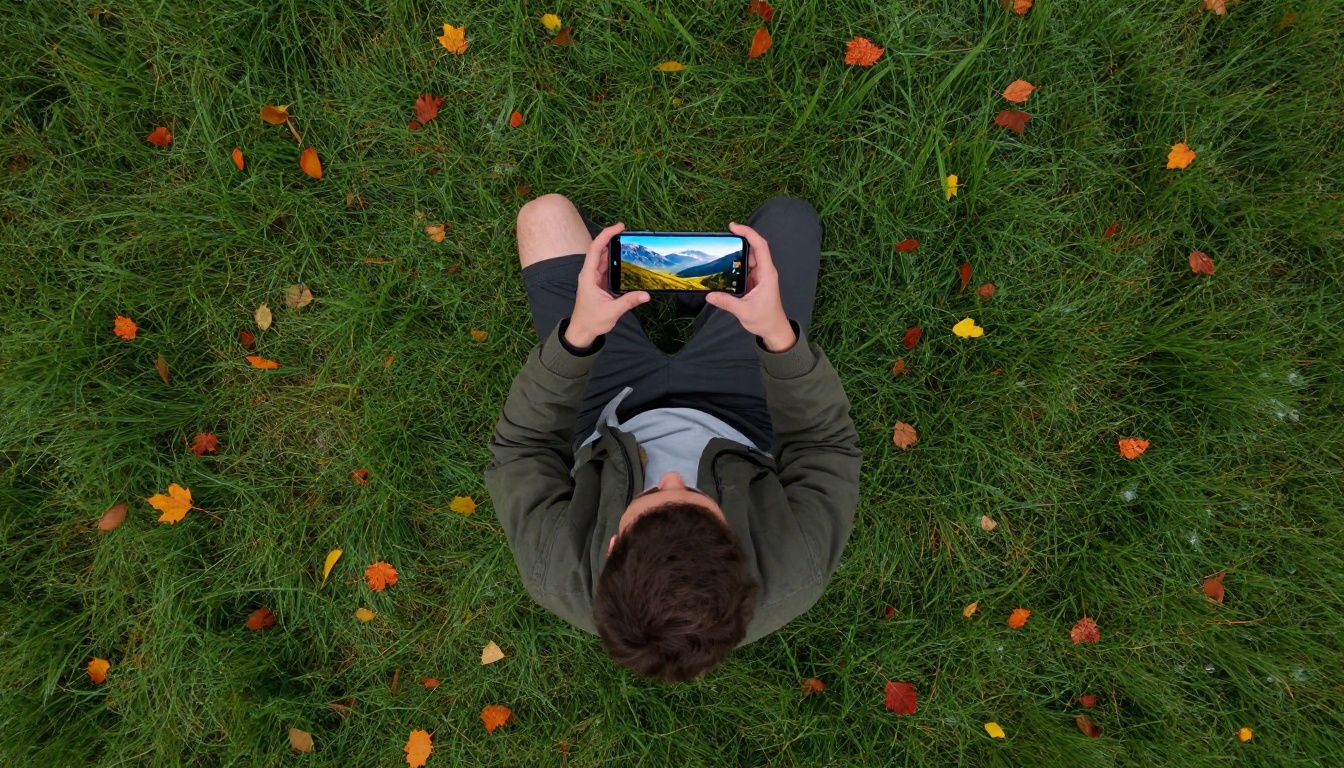 Aerial overhead view of a person lying on grass holding a smartphone displaying AI-generated mountain landscape video Aerial overhead view of a person lying on grass holding a smartphone displaying AI-generated mountain landscape video