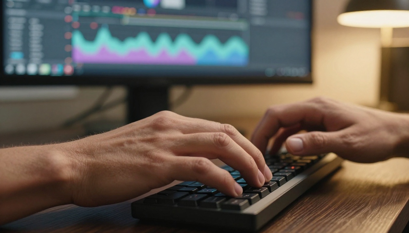 Hands typing on a keyboard with a video timeline editor in the background