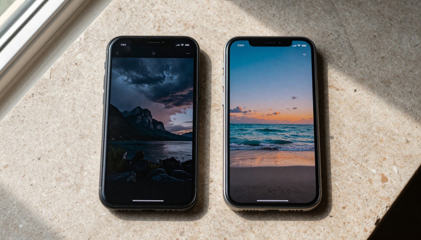 Two smartphones side-by-side on a stone surface showing different AI-generated video thumbnails for comparison Two smartphones side-by-side on a stone surface showing different AI-generated video thumbnails for comparison