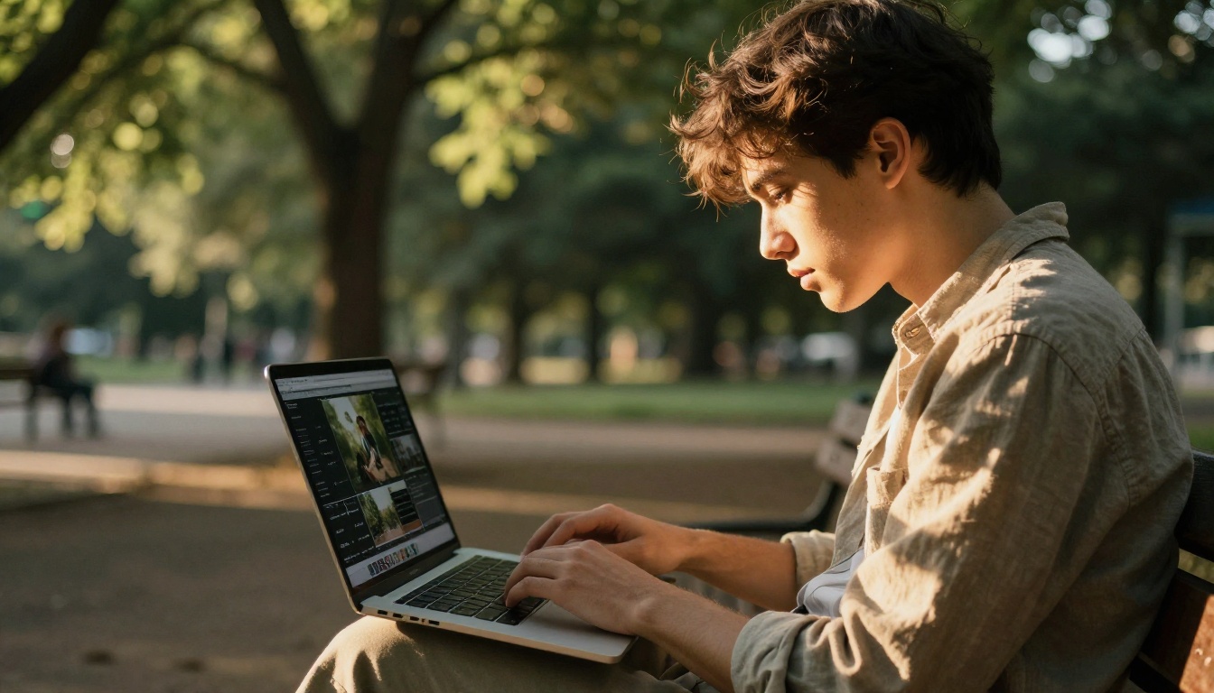 A filmmaker working outdoors on a laptop in warm golden hour light