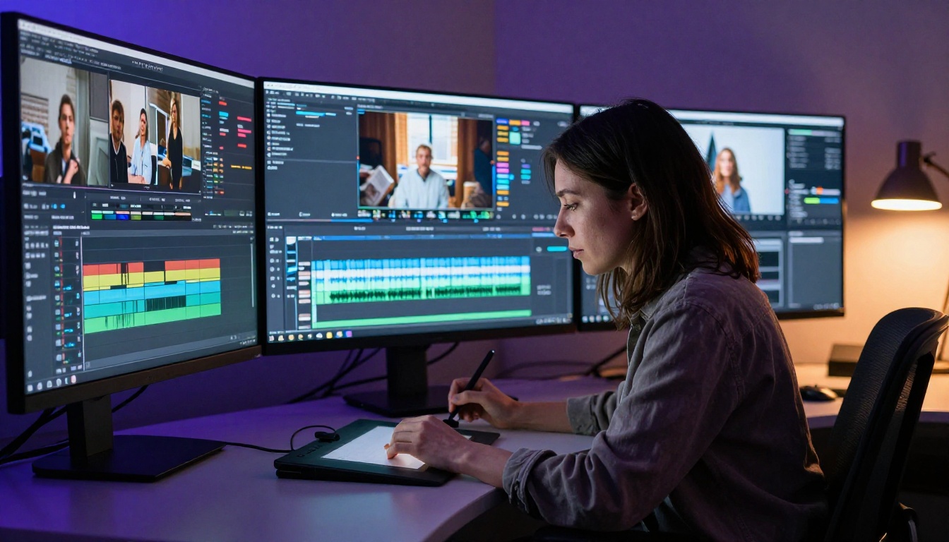 Professional female video editor at a curved desk surrounded by multiple monitors showing video timelines and audio waveforms Professional female video editor at a curved desk surrounded by multiple monitors showing video timelines and audio waveforms