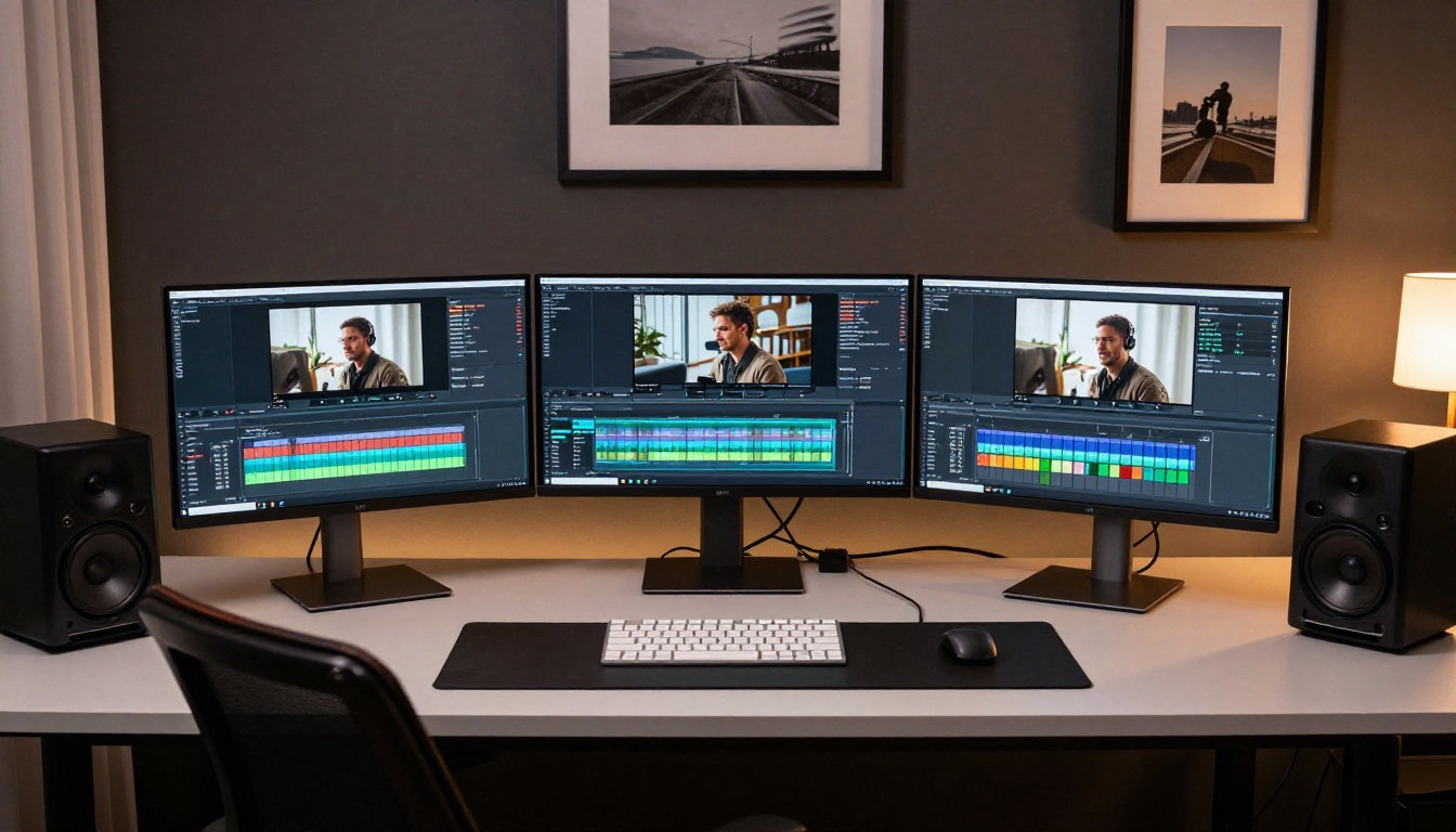 A professional multi-screen content creation workstation