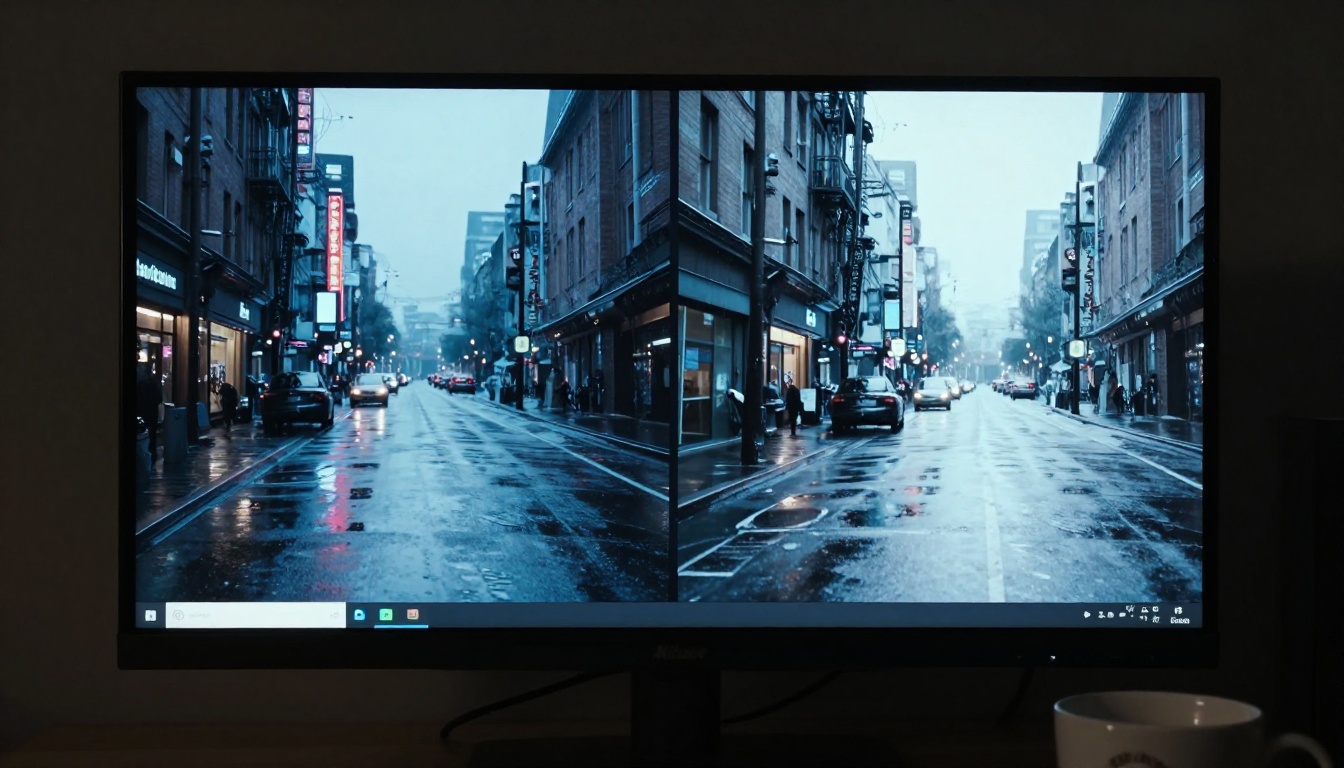 Large computer monitor in a dark room showing a split-screen comparison of two different AI-generated video frames Large computer monitor in a dark room showing a split-screen comparison of two different AI-generated video frames