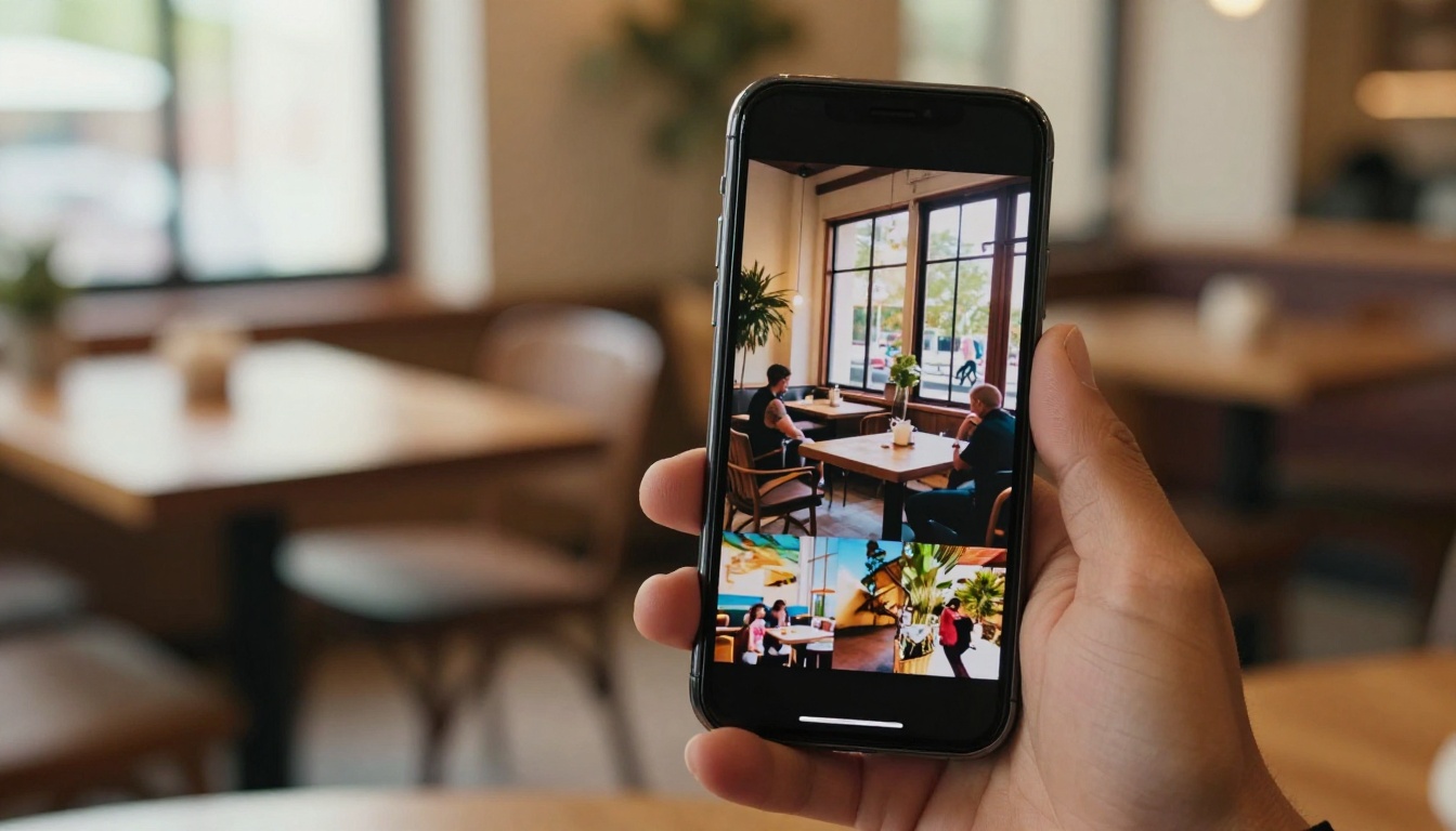 A smartphone displaying a social media video in a warm cafe setting