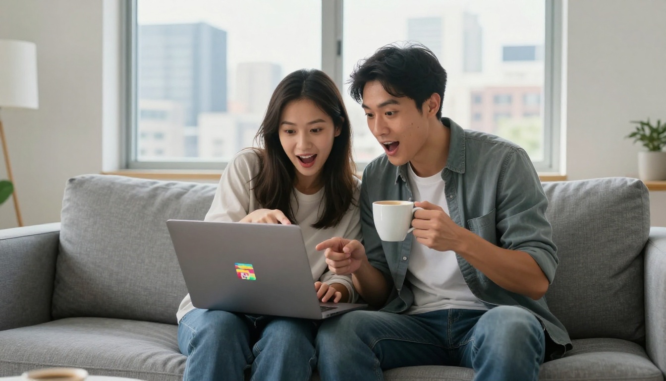 A couple on a modern sofa looking excitedly at a laptop screen showing colorful AI-generated video thumbnails A couple on a modern sofa looking excitedly at a laptop screen showing colorful AI-generated video thumbnails