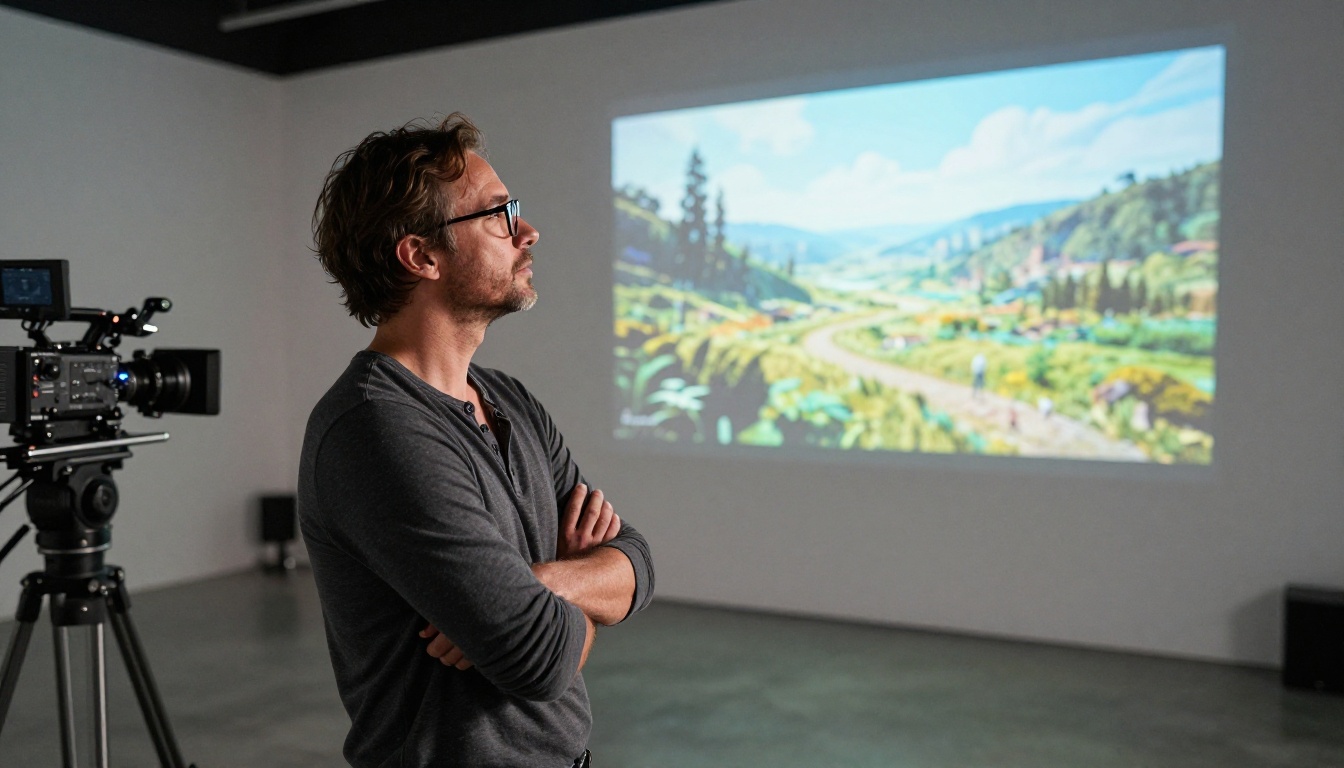 Male filmmaker standing in a professional studio, arms crossed, reviewing AI-generated footage projected on a white wall Male filmmaker standing in a professional studio, arms crossed, reviewing AI-generated footage projected on a white wall