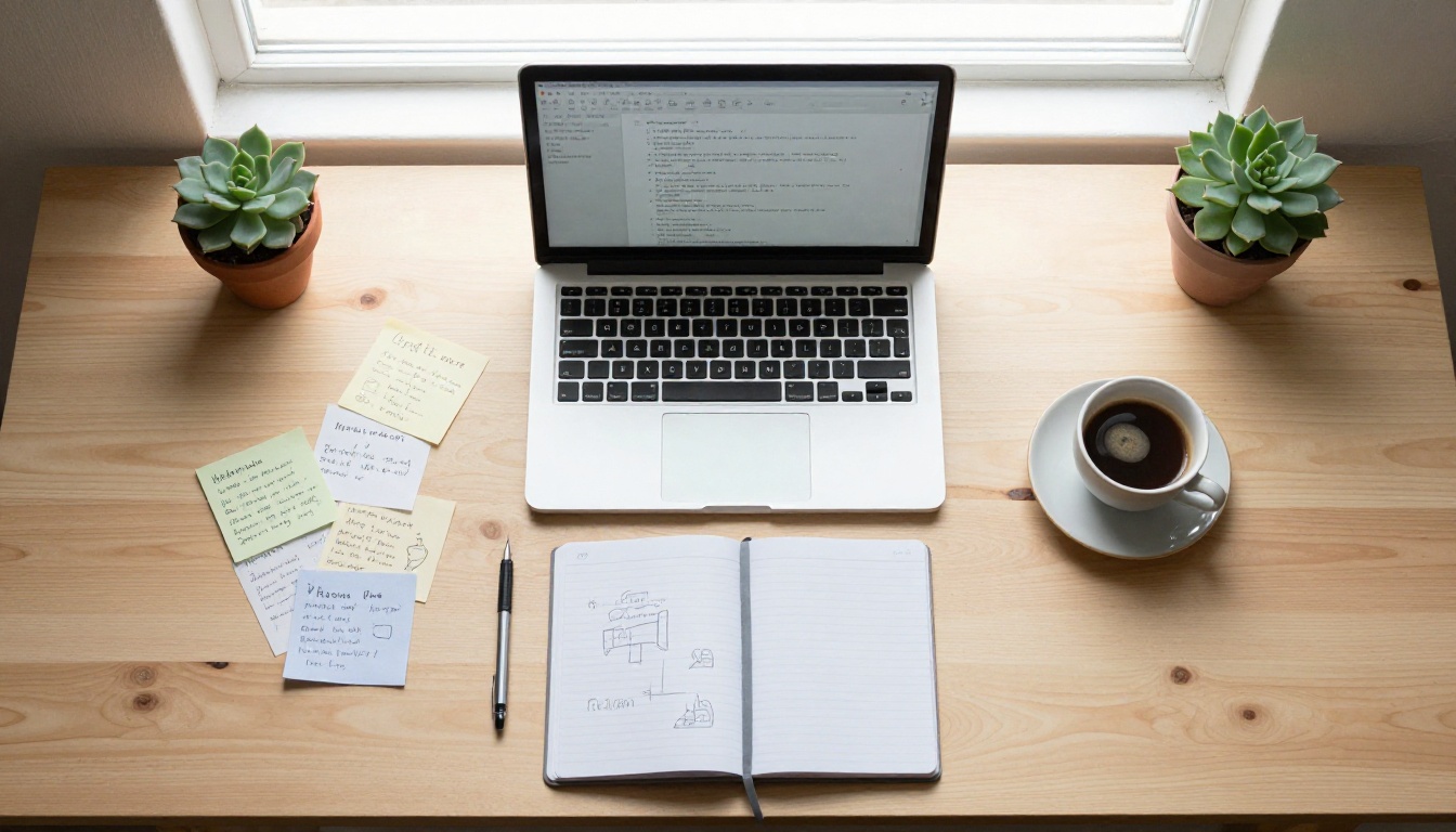 Aerial flat lay of a creative workspace with laptop, notes, and coffee