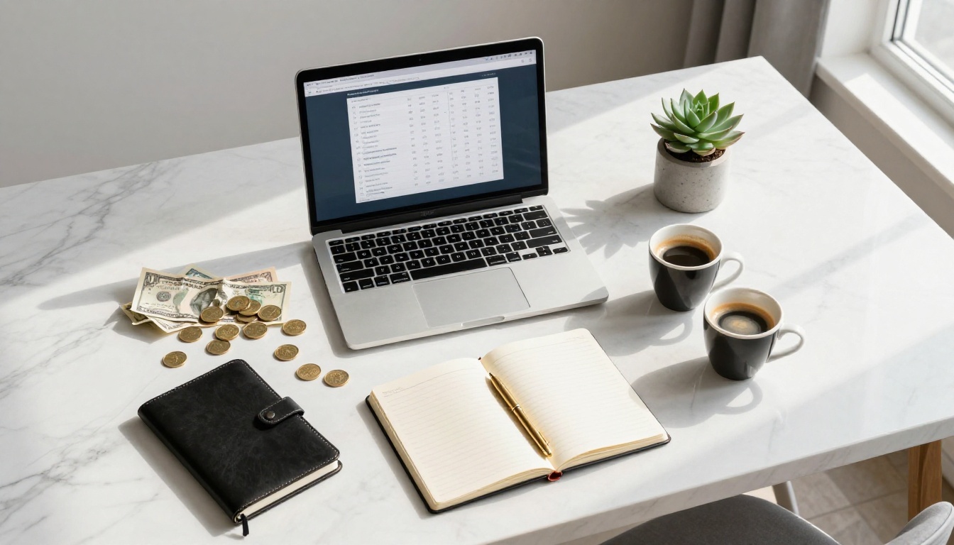 Pricing breakdown workspace with financial overview on a marble desk