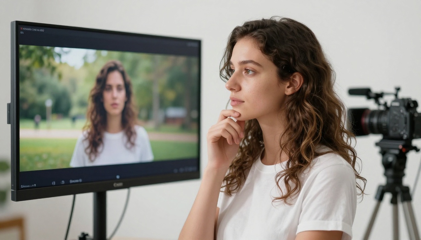 A woman reviewing footage on a professional studio monitor