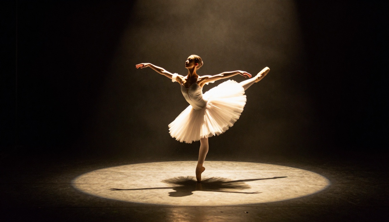 Ballet dancer captured mid-pirouette with sharp temporal detail under theatrical spotlight
