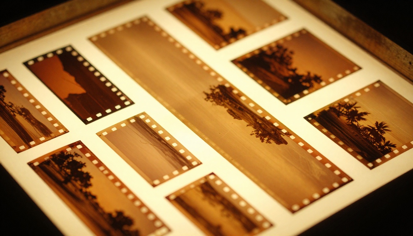 Abstract close-up of 35mm film strips on a warm glowing lightbox