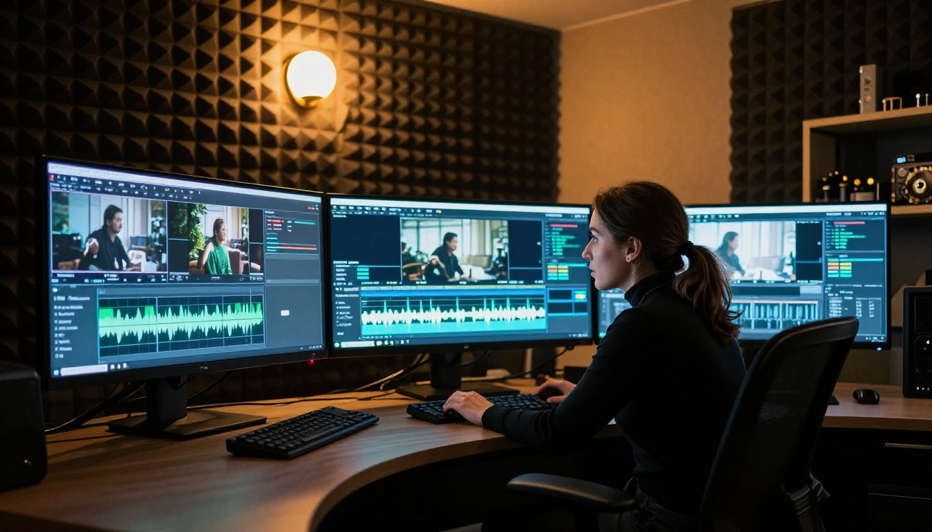 Professional video editing suite with multiple monitors showing different video outputs