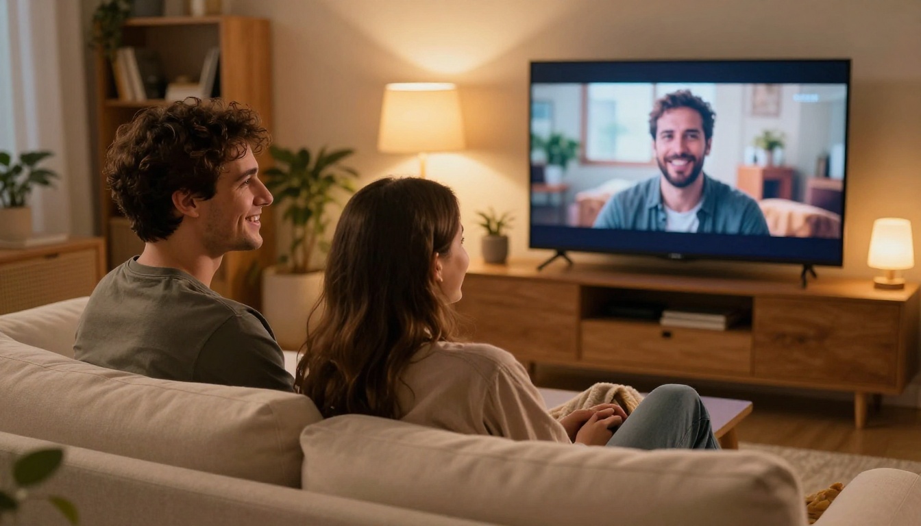 Two friends smiling on a cozy sofa watching a video together on TV