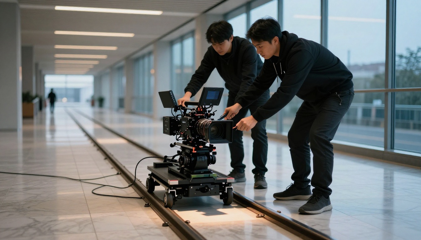 Professional cinema camera on dolly moving through a modern corridor