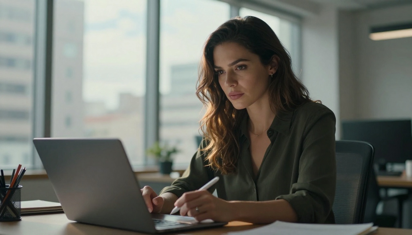 A confident woman at a standing desk with a cityscape view, looking at camera