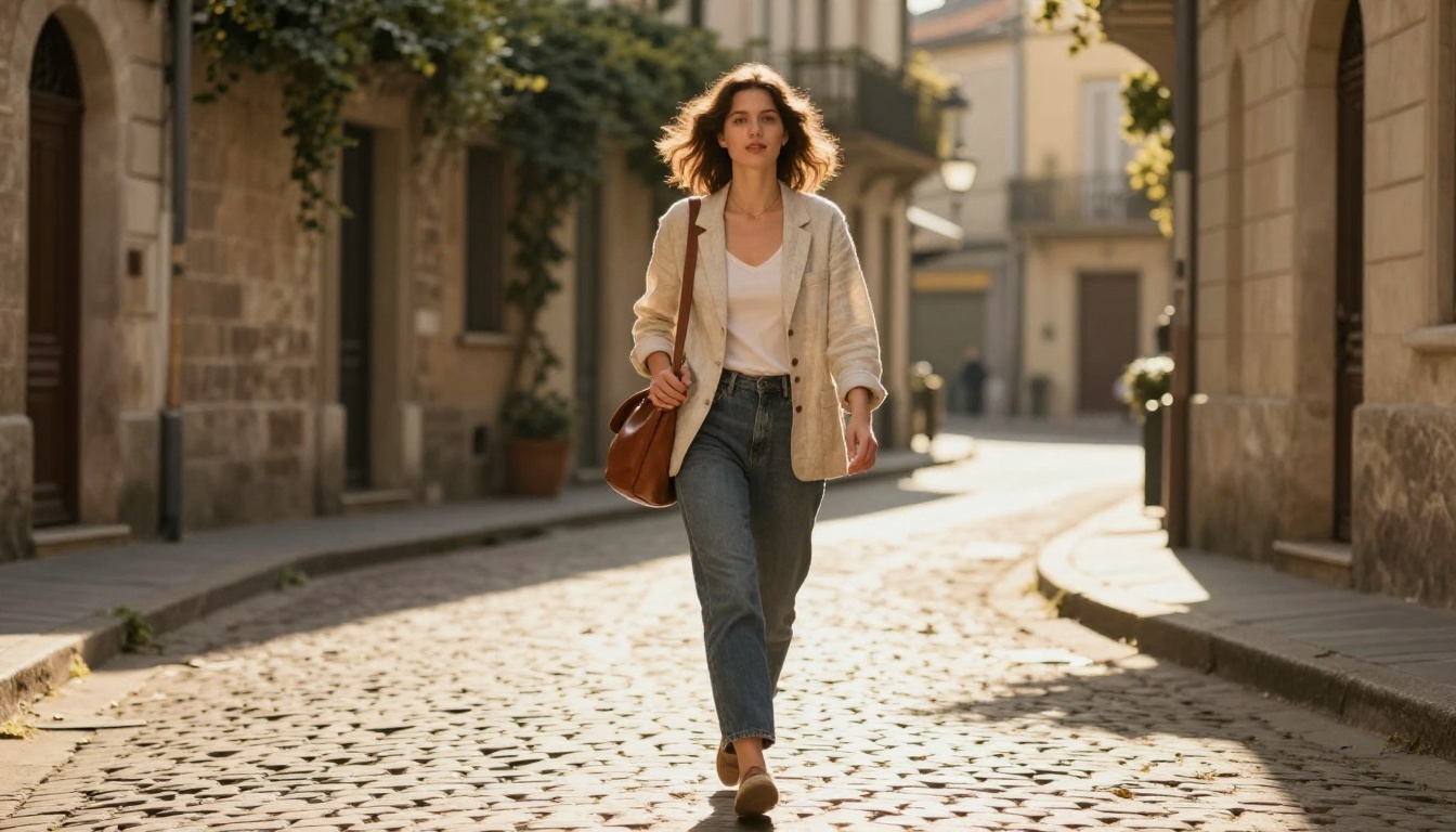 Confident woman walking naturally on a sunlit European cobblestone street