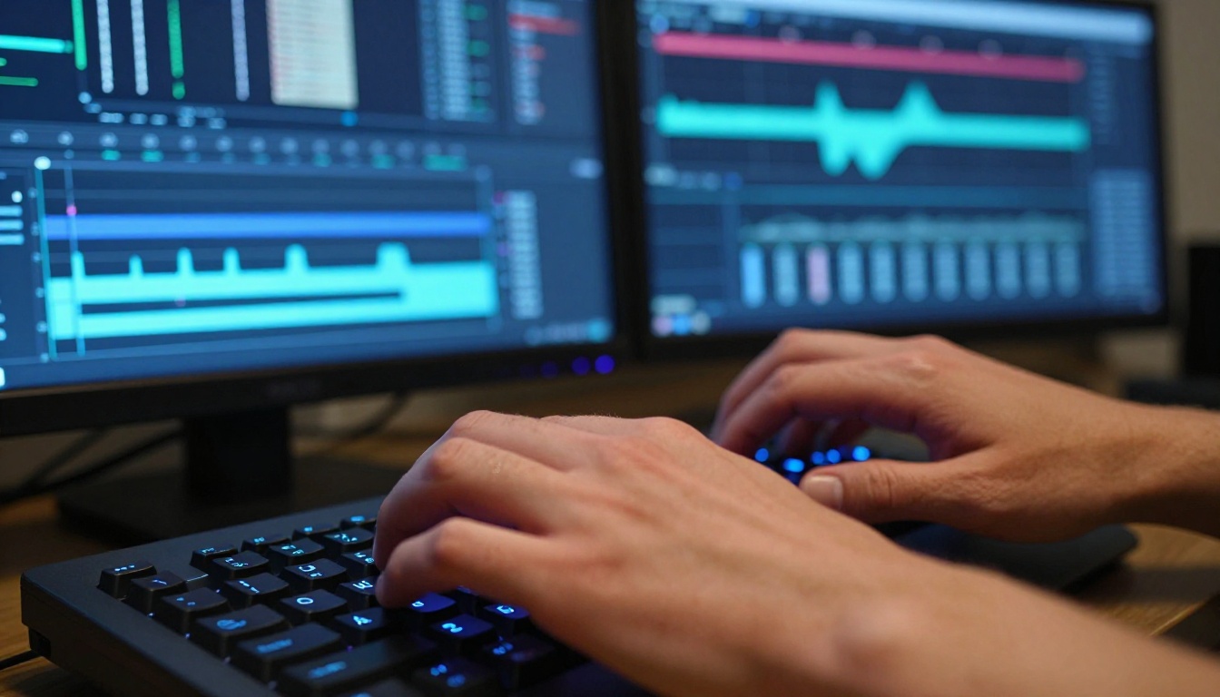 Professional filmmaker reviewing motion footage on dual production monitors Professional filmmaker reviewing motion footage on dual production monitors
