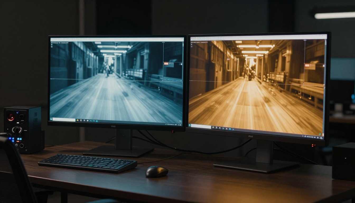 Dual monitor motion analysis comparison in a professional video production studio