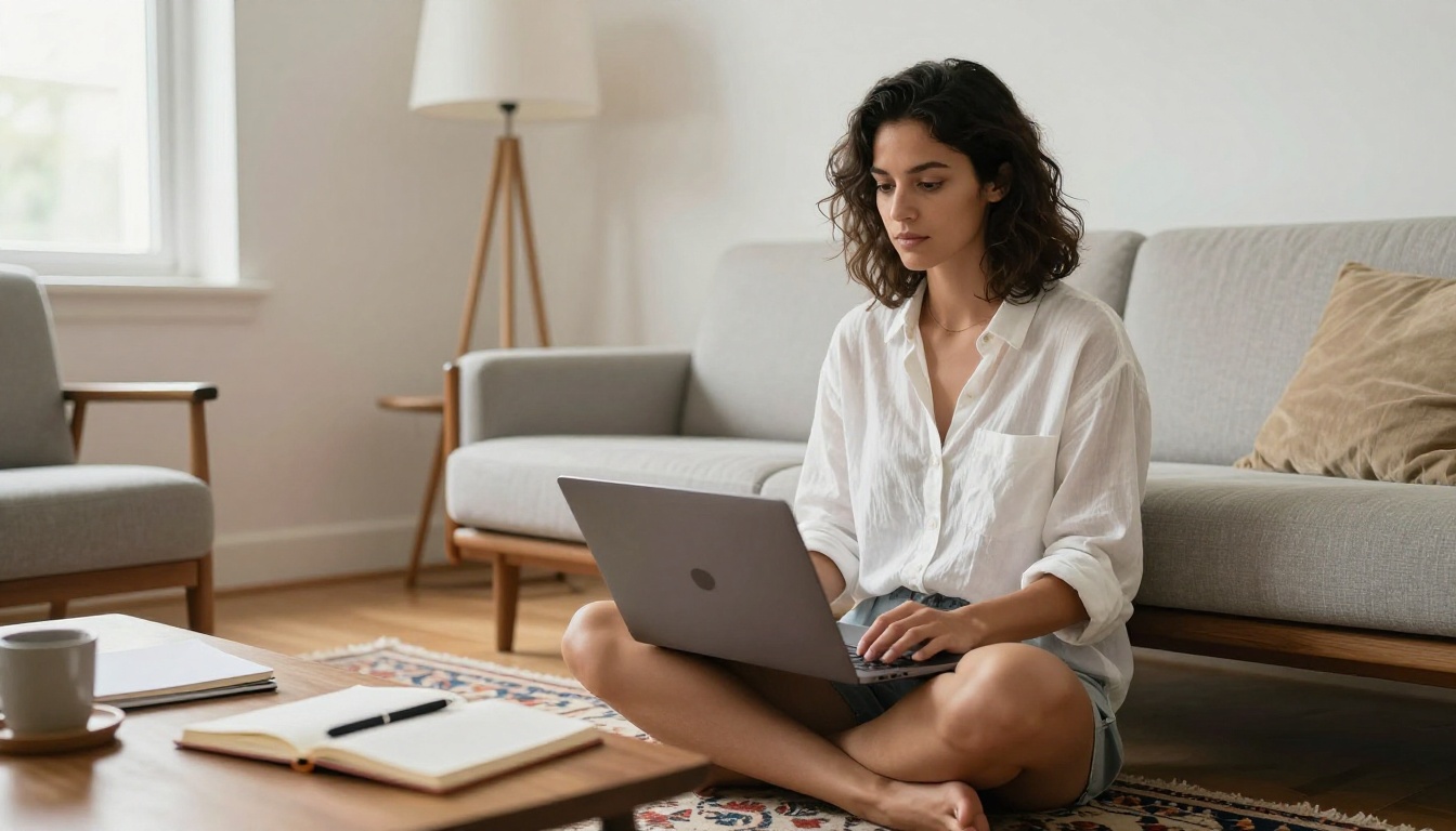 Female content creator working thoughtfully on laptop in a bright modern home