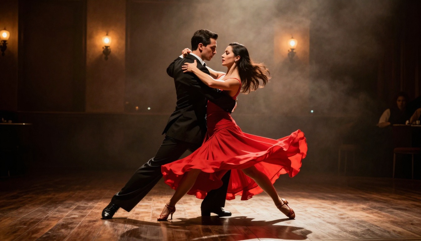 Tango dancers in dramatic dip under a single theatrical spotlight Tango dancers in dramatic dip under a single theatrical spotlight