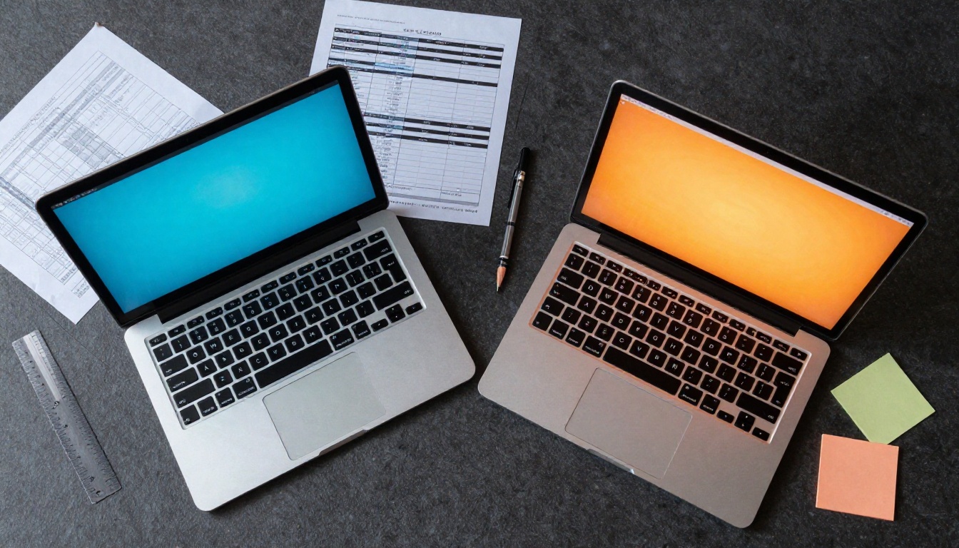 Two laptops side by side showing different AI video model outputs on a comparison desk