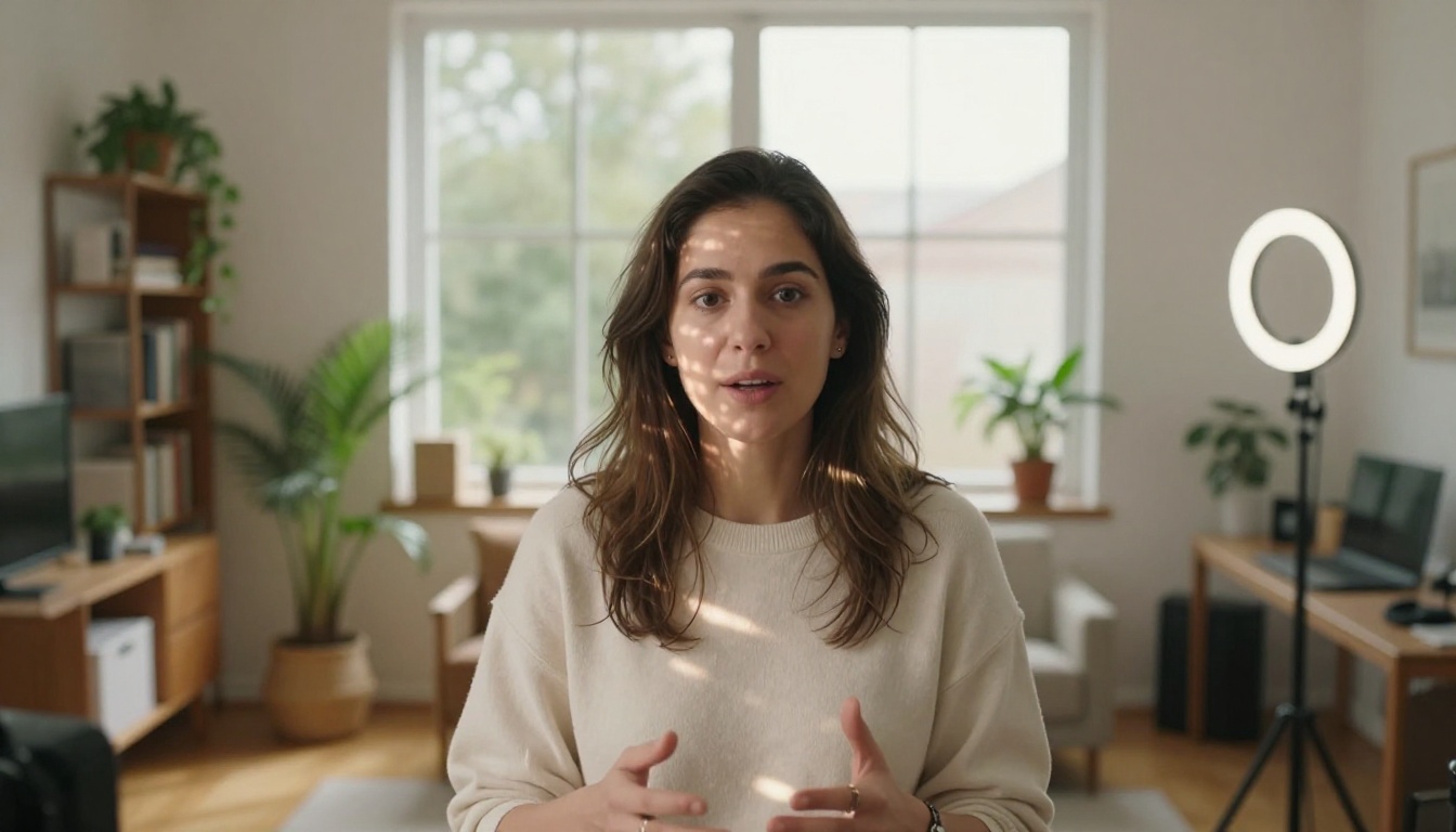 Female content creator recording natural gesture video in a sunlit home studio Female content creator recording natural gesture video in a sunlit home studio