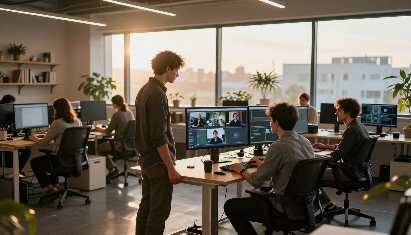 Video production team reviewing AI-generated content on large monitors in a modern studio