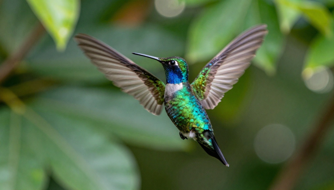 Hummingbird frozen mid-flight with iridescent wing motion blur in tropical setting Hummingbird frozen mid-flight with iridescent wing motion blur in tropical setting