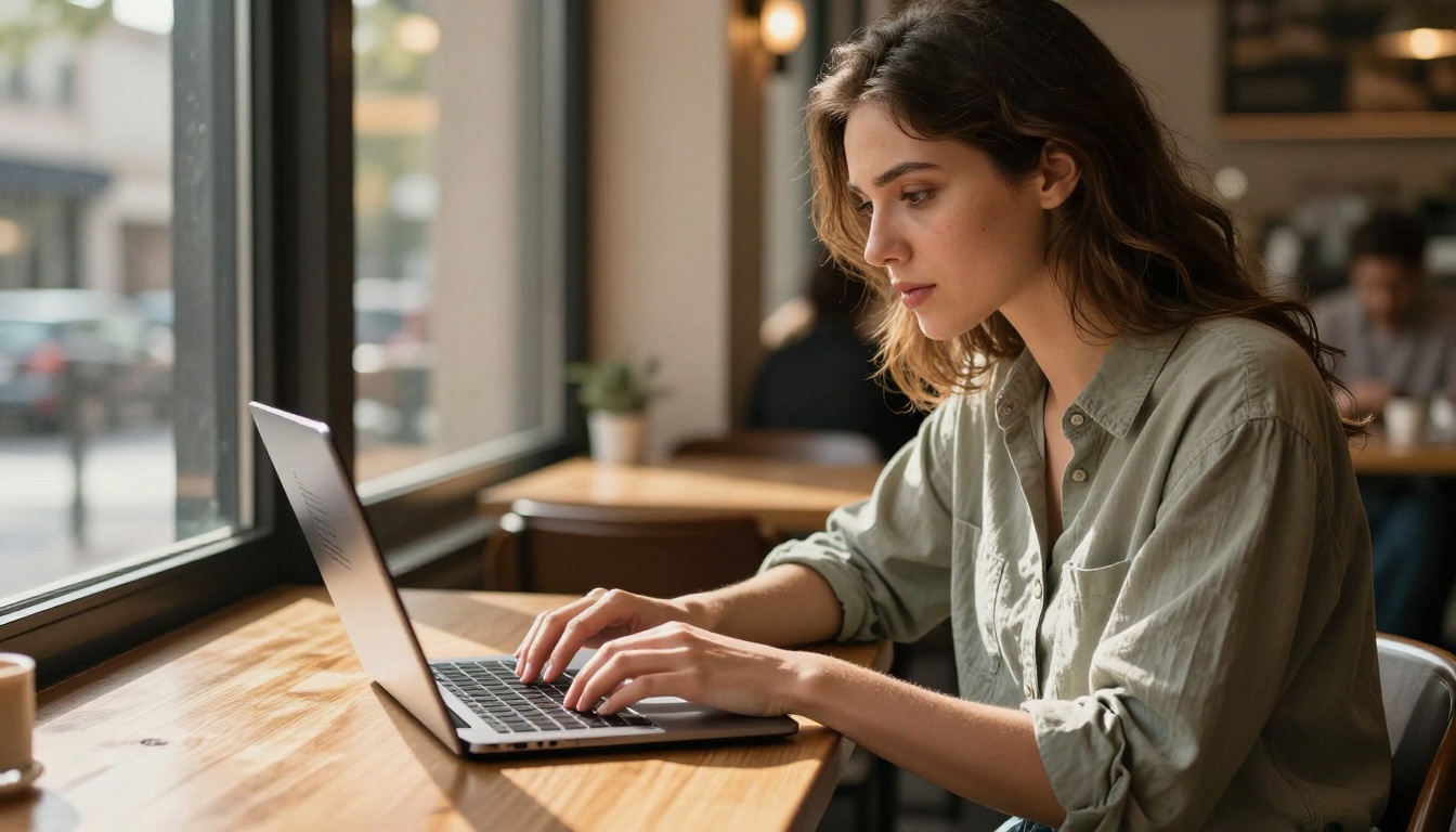 Young woman writing AI video prompt on laptop at a sunlit cafe