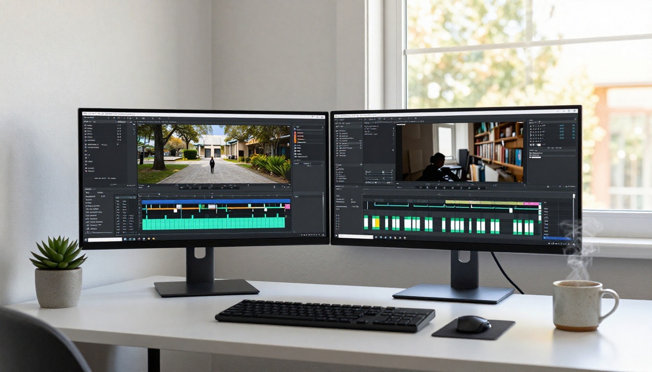 Dual monitor setup showing parallel video render queues in home office