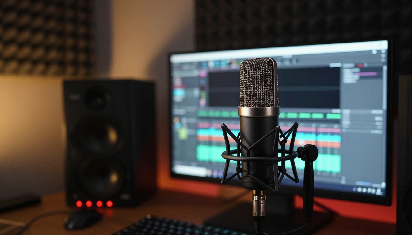 Professional condenser microphone in studio with video playback monitor